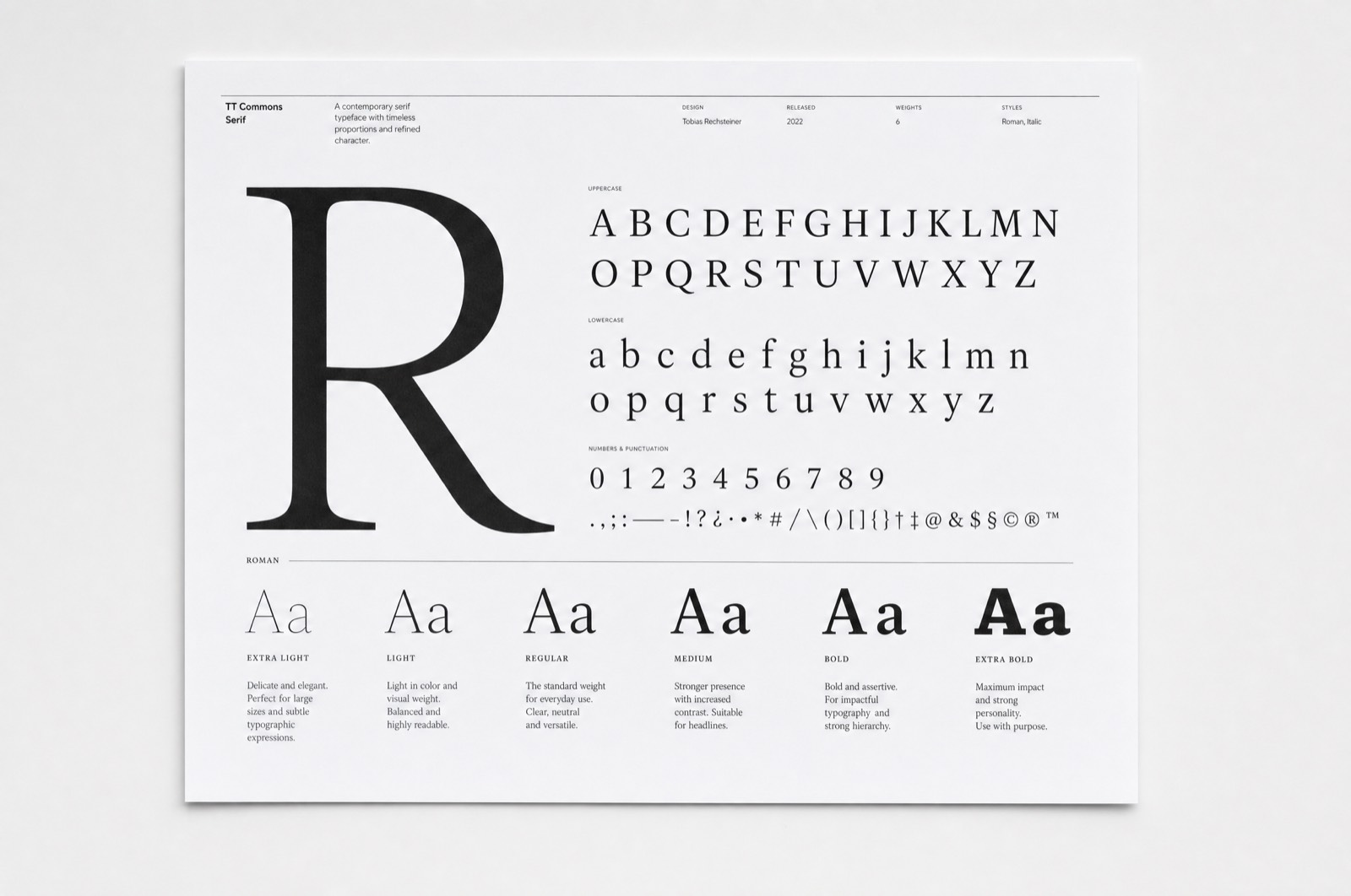 The Foundry type specimen, a large letterform above the full alphabet and weights